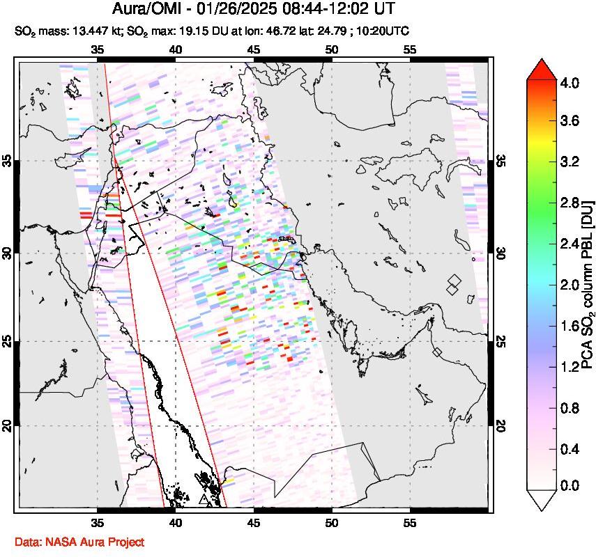 A sulfur dioxide image over Middle East on Jan 26, 2025.