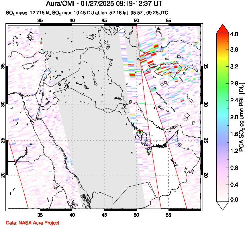 A sulfur dioxide image over Middle East on Jan 27, 2025.