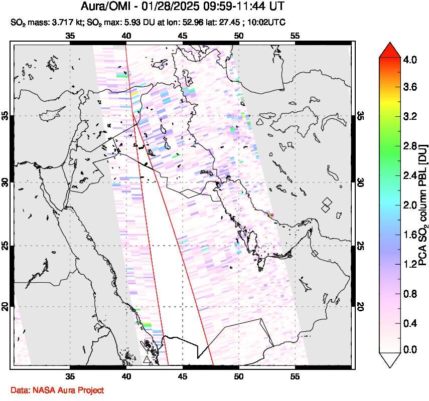 A sulfur dioxide image over Middle East on Jan 28, 2025.