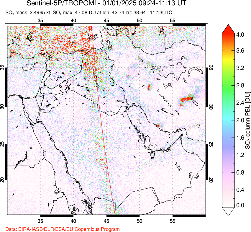 A sulfur dioxide image over Middle East on Jan 01, 2025.