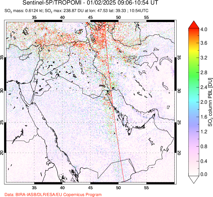 A sulfur dioxide image over Middle East on Jan 02, 2025.