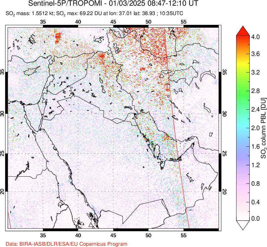 A sulfur dioxide image over Middle East on Jan 03, 2025.