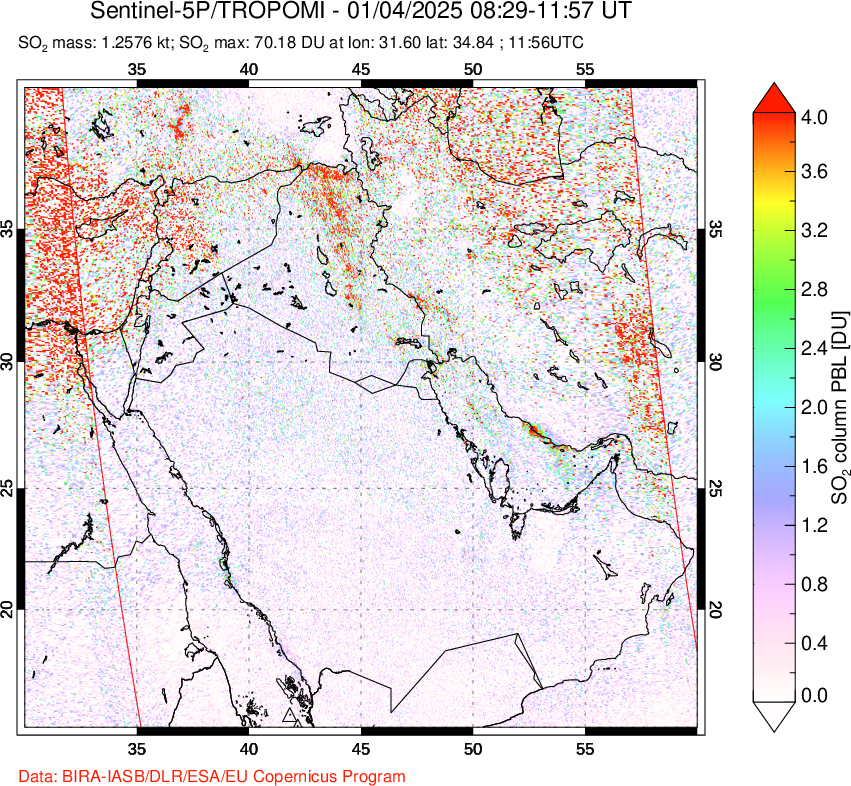 A sulfur dioxide image over Middle East on Jan 04, 2025.