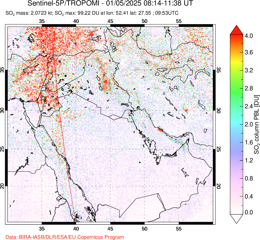 A sulfur dioxide image over Middle East on Jan 05, 2025.