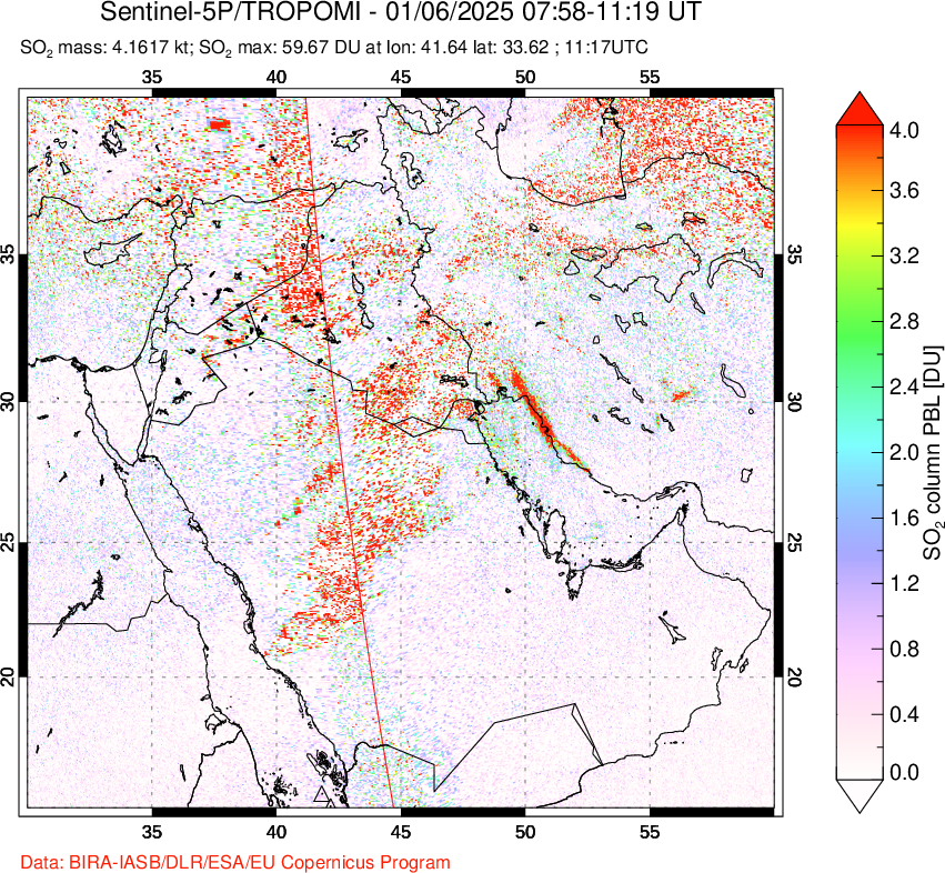 A sulfur dioxide image over Middle East on Jan 06, 2025.