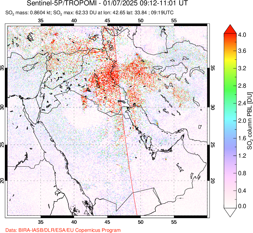 A sulfur dioxide image over Middle East on Jan 07, 2025.