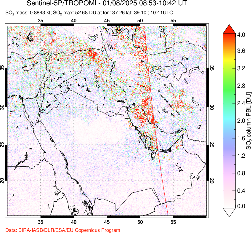 A sulfur dioxide image over Middle East on Jan 08, 2025.