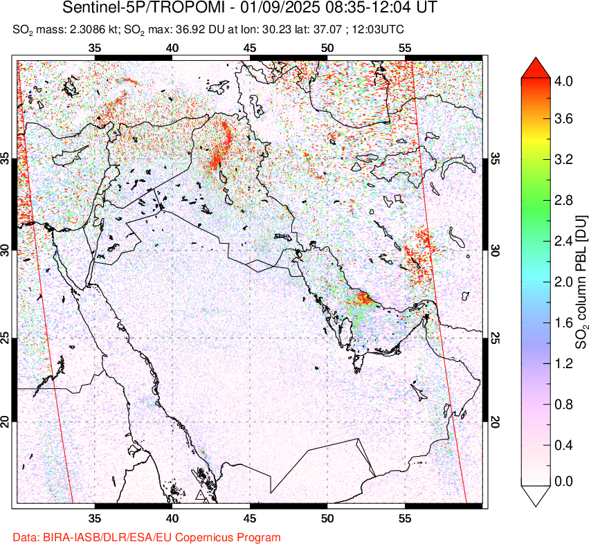 A sulfur dioxide image over Middle East on Jan 09, 2025.