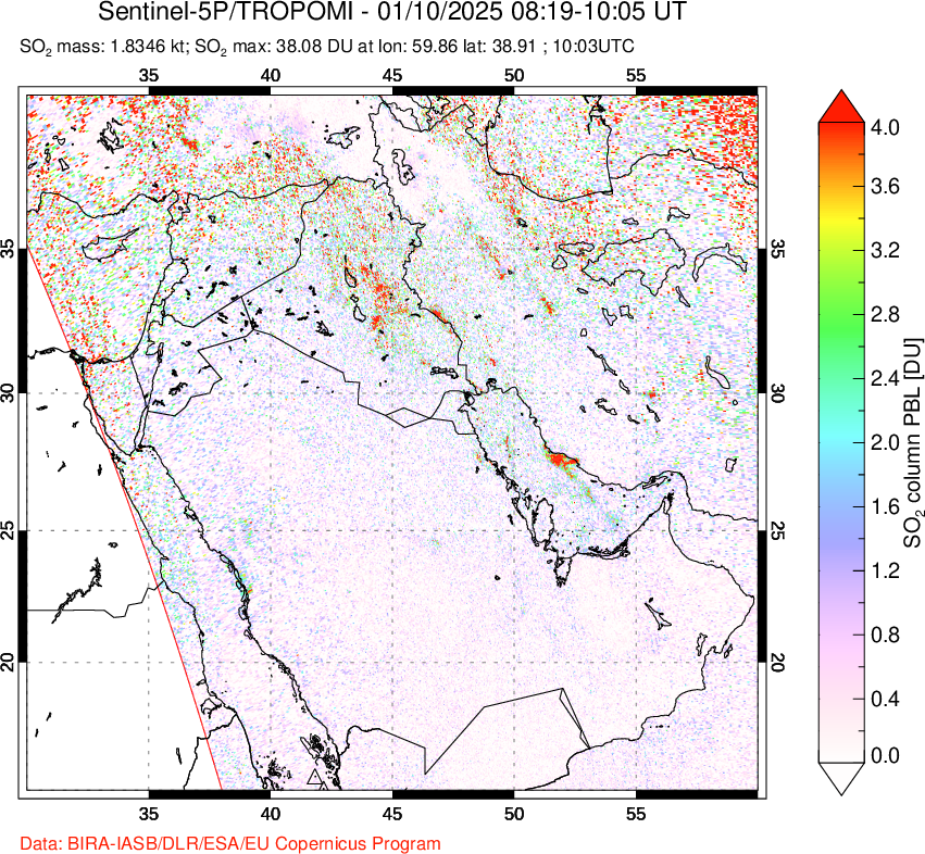 A sulfur dioxide image over Middle East on Jan 10, 2025.