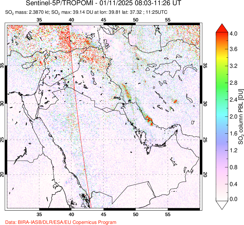 A sulfur dioxide image over Middle East on Jan 11, 2025.