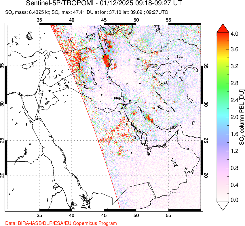 A sulfur dioxide image over Middle East on Jan 12, 2025.