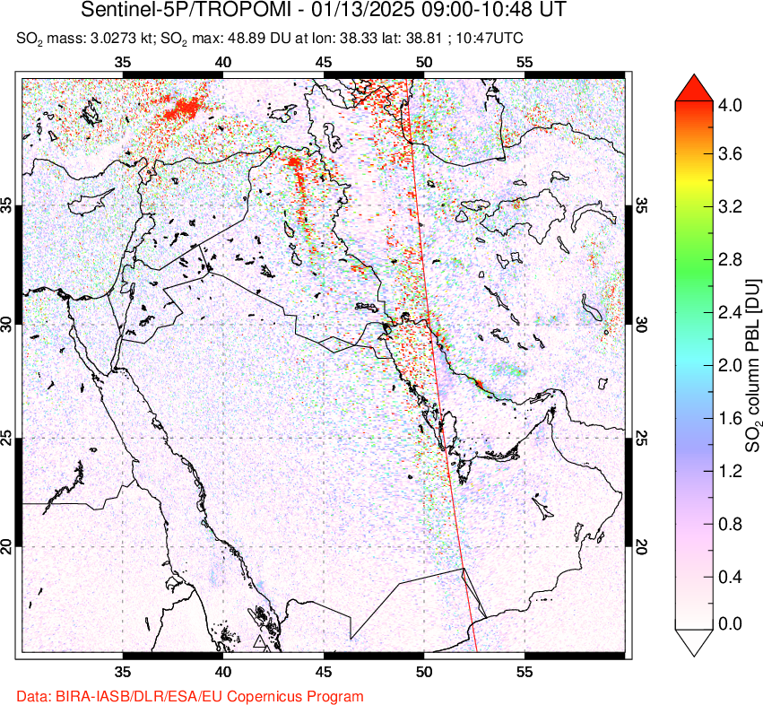 A sulfur dioxide image over Middle East on Jan 13, 2025.