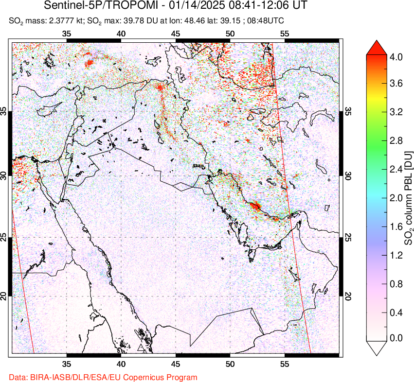 A sulfur dioxide image over Middle East on Jan 14, 2025.