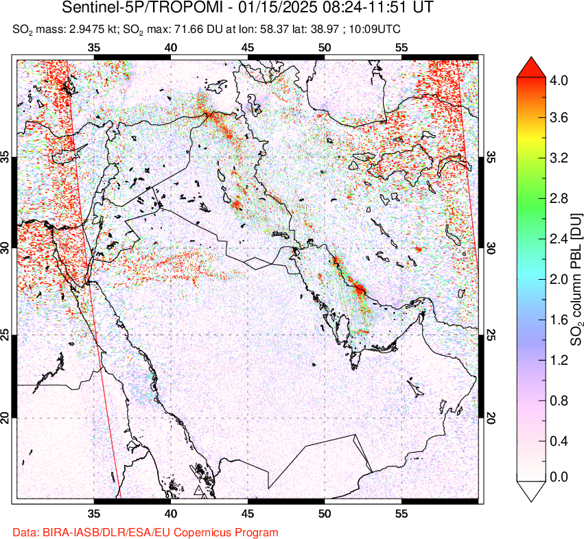 A sulfur dioxide image over Middle East on Jan 15, 2025.