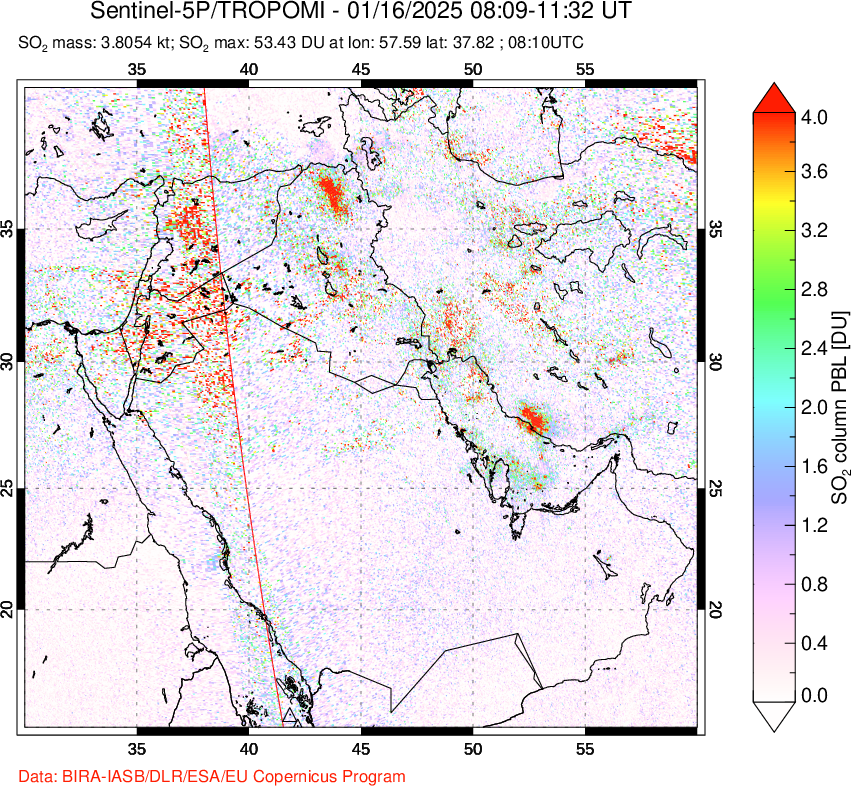 A sulfur dioxide image over Middle East on Jan 16, 2025.