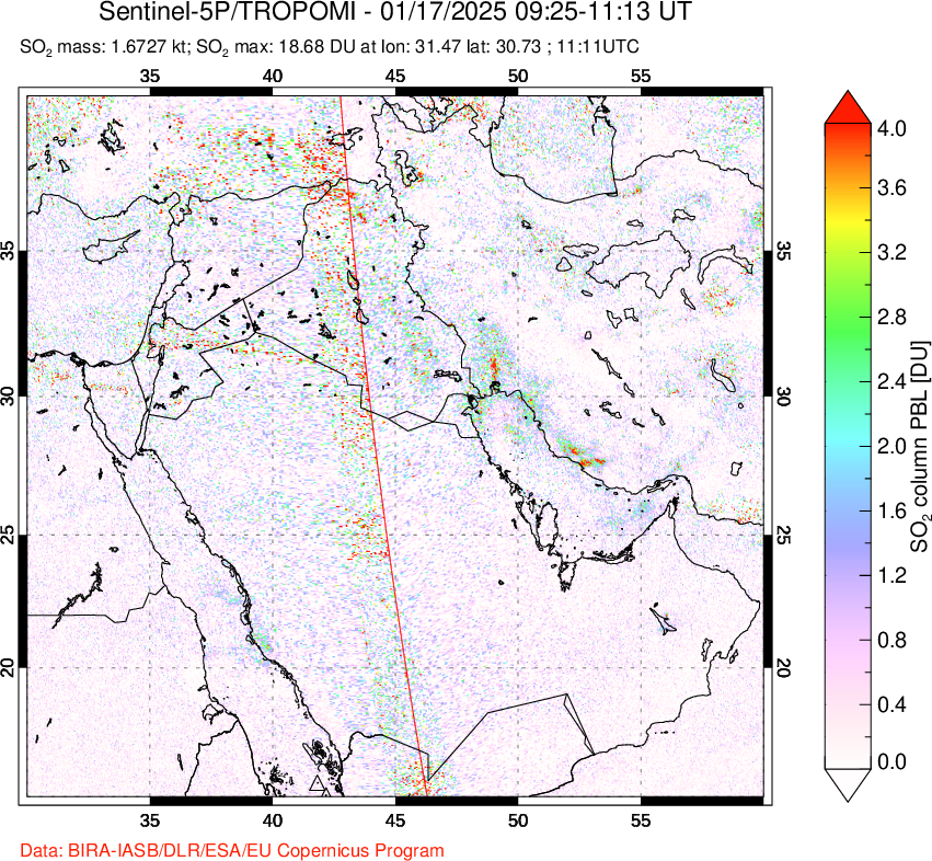 A sulfur dioxide image over Middle East on Jan 17, 2025.