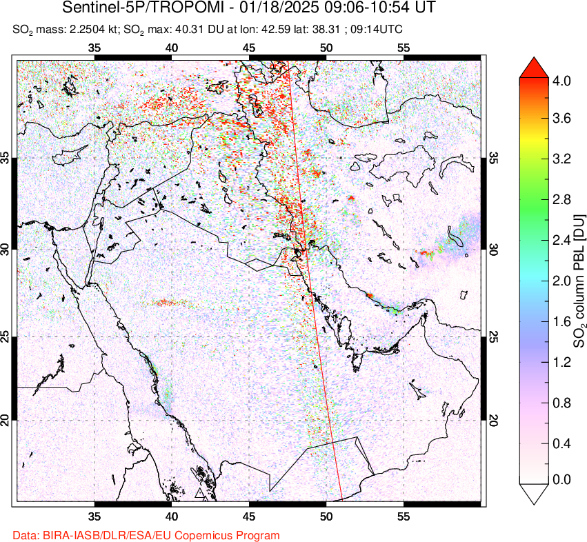 A sulfur dioxide image over Middle East on Jan 18, 2025.