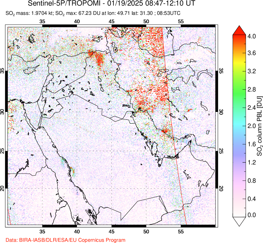 A sulfur dioxide image over Middle East on Jan 19, 2025.