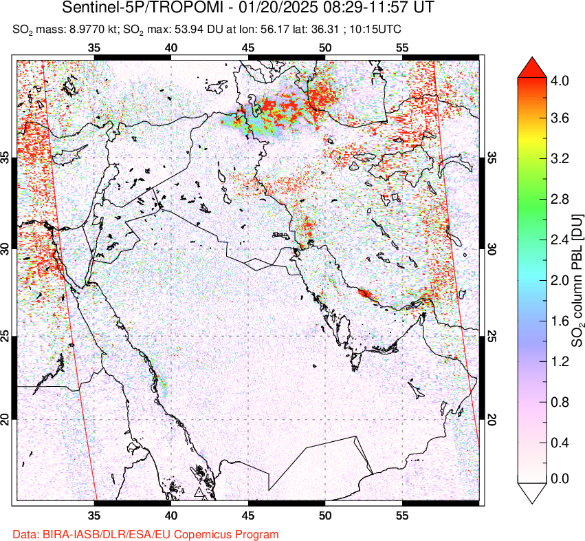 A sulfur dioxide image over Middle East on Jan 20, 2025.