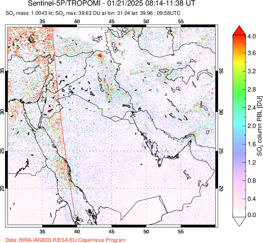 A sulfur dioxide image over Middle East on Jan 21, 2025.