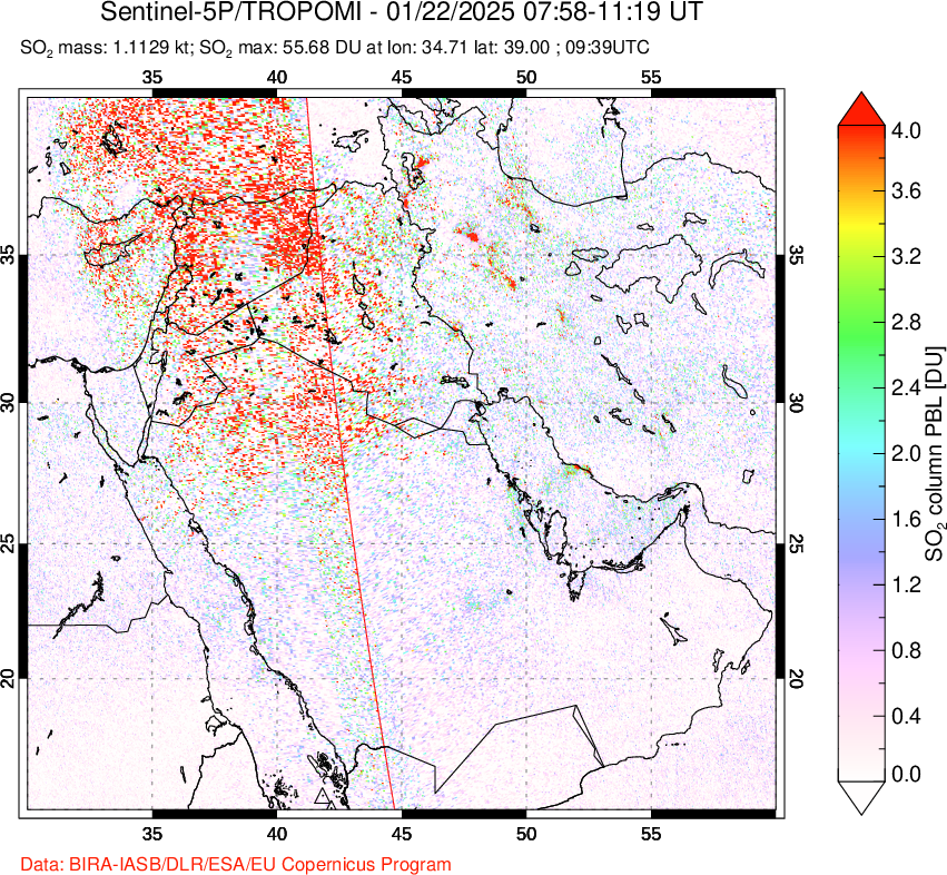 A sulfur dioxide image over Middle East on Jan 22, 2025.