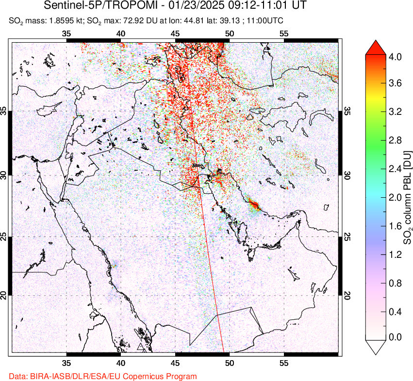 A sulfur dioxide image over Middle East on Jan 23, 2025.