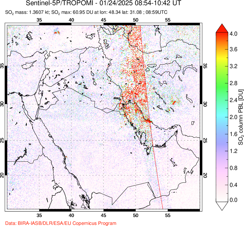 A sulfur dioxide image over Middle East on Jan 24, 2025.