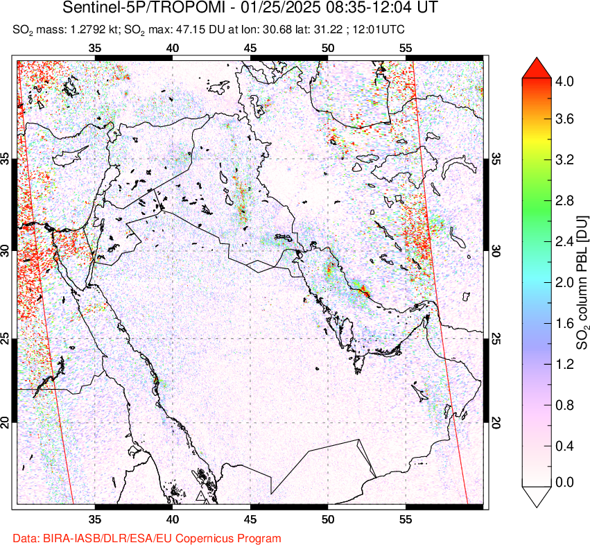 A sulfur dioxide image over Middle East on Jan 25, 2025.