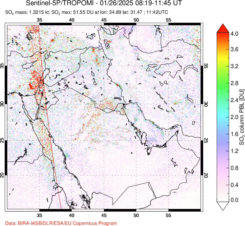 A sulfur dioxide image over Middle East on Jan 26, 2025.