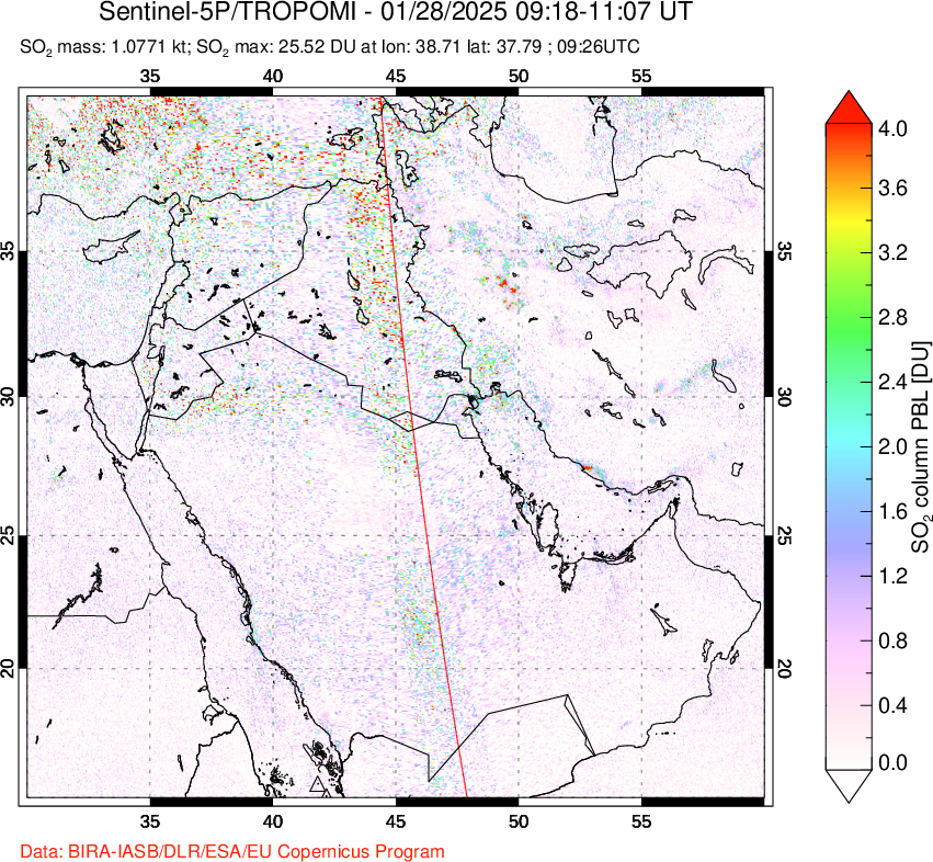 A sulfur dioxide image over Middle East on Jan 28, 2025.