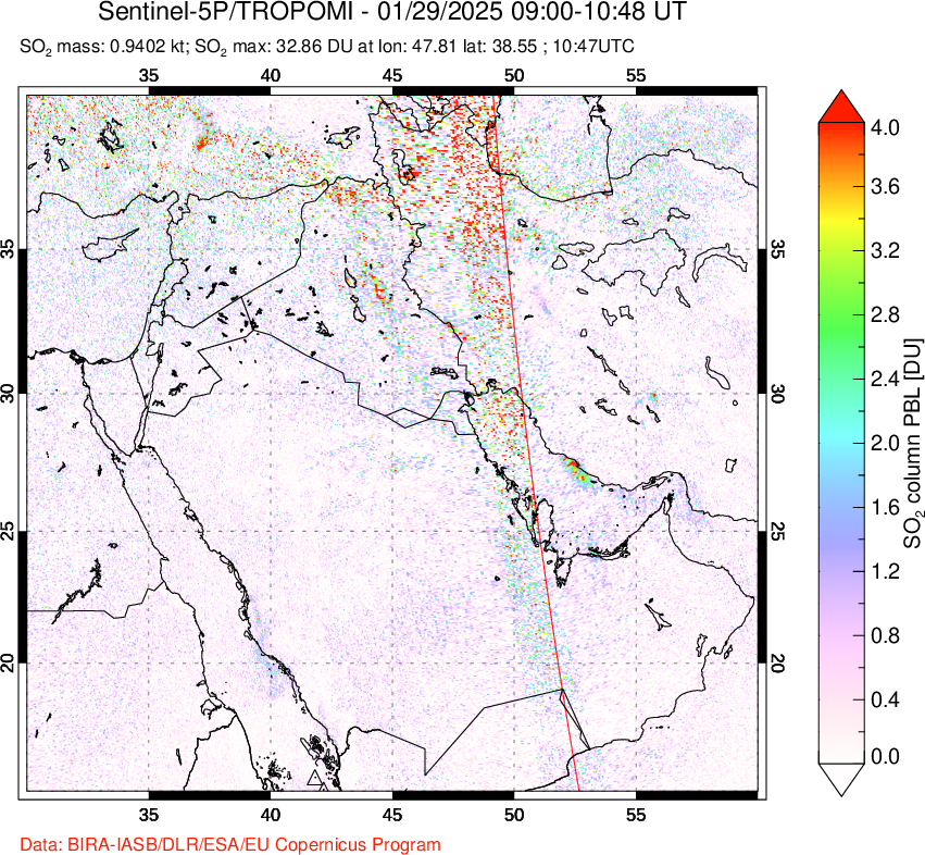 A sulfur dioxide image over Middle East on Jan 29, 2025.