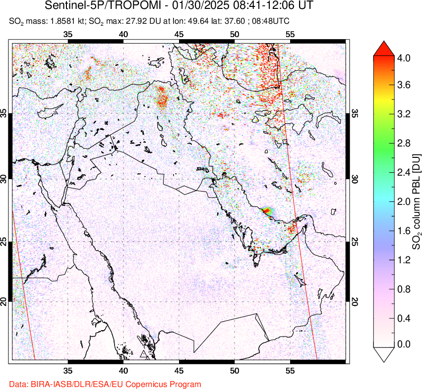 A sulfur dioxide image over Middle East on Jan 30, 2025.