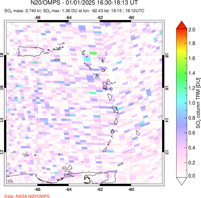 A sulfur dioxide image over Montserrat, West Indies on Jan 01, 2025.