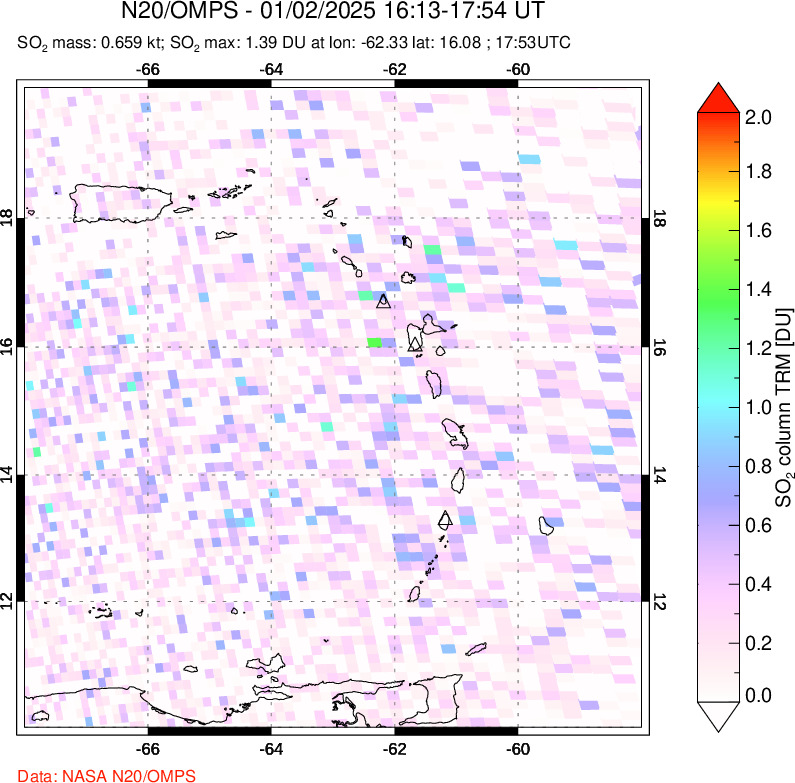 A sulfur dioxide image over Montserrat, West Indies on Jan 02, 2025.