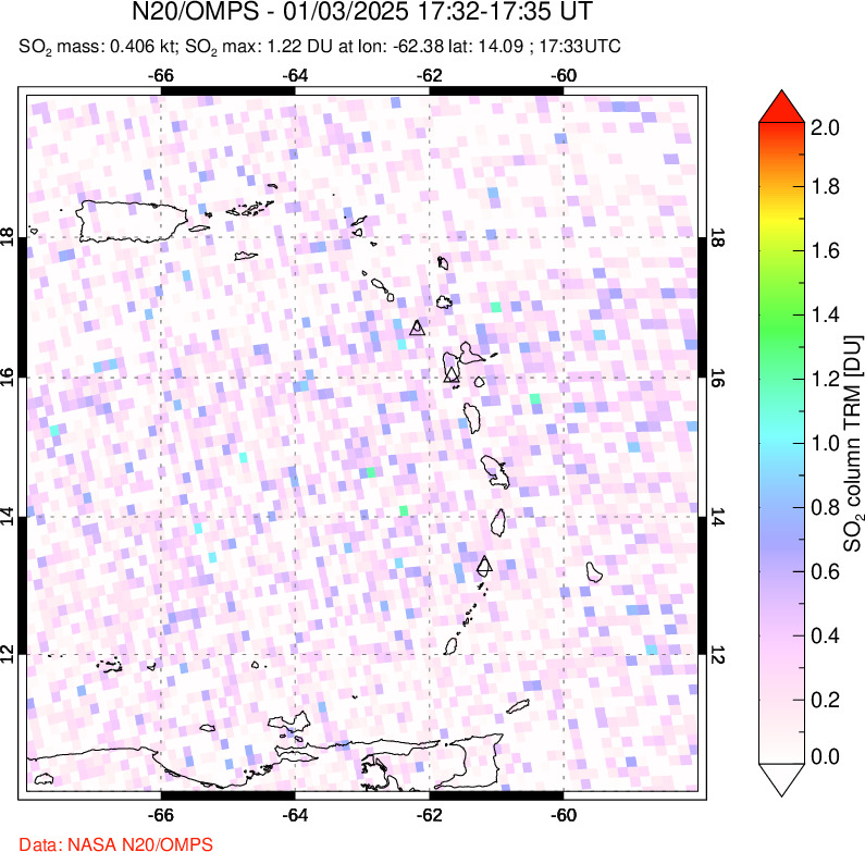 A sulfur dioxide image over Montserrat, West Indies on Jan 03, 2025.