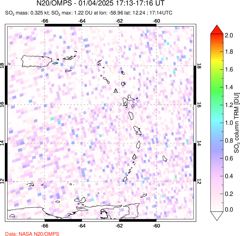 A sulfur dioxide image over Montserrat, West Indies on Jan 04, 2025.