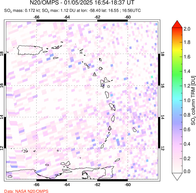 A sulfur dioxide image over Montserrat, West Indies on Jan 05, 2025.