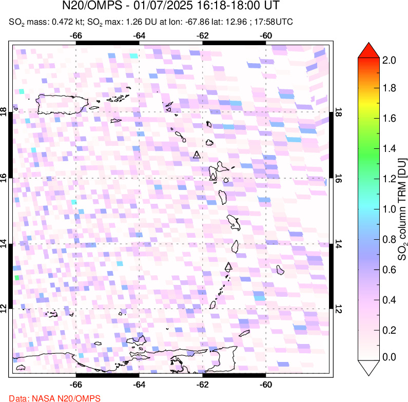 A sulfur dioxide image over Montserrat, West Indies on Jan 07, 2025.