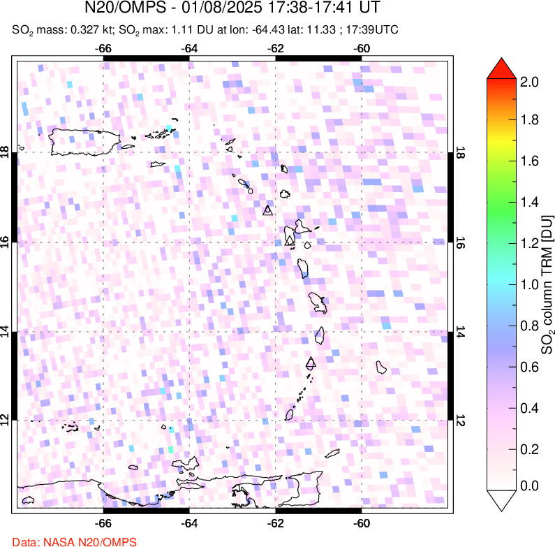 A sulfur dioxide image over Montserrat, West Indies on Jan 08, 2025.