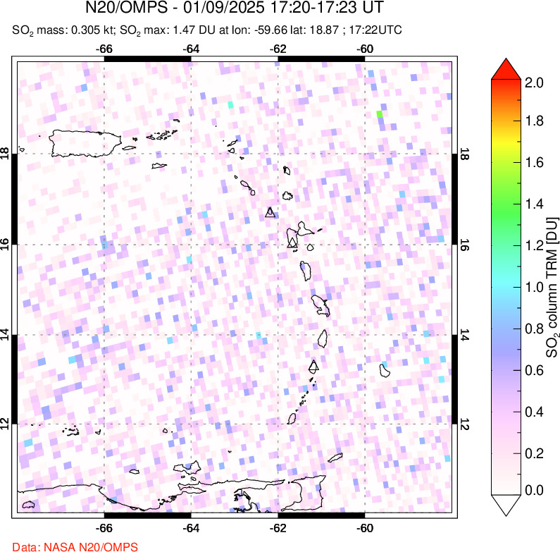 A sulfur dioxide image over Montserrat, West Indies on Jan 09, 2025.