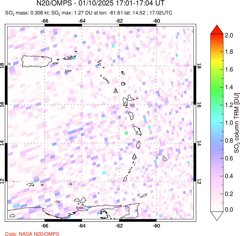 A sulfur dioxide image over Montserrat, West Indies on Jan 10, 2025.