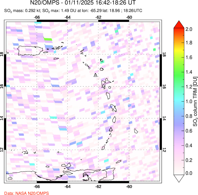 A sulfur dioxide image over Montserrat, West Indies on Jan 11, 2025.