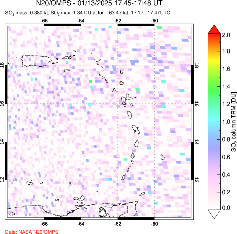 A sulfur dioxide image over Montserrat, West Indies on Jan 13, 2025.