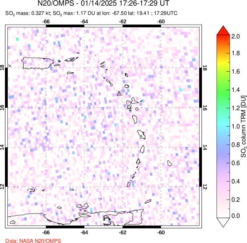 A sulfur dioxide image over Montserrat, West Indies on Jan 14, 2025.