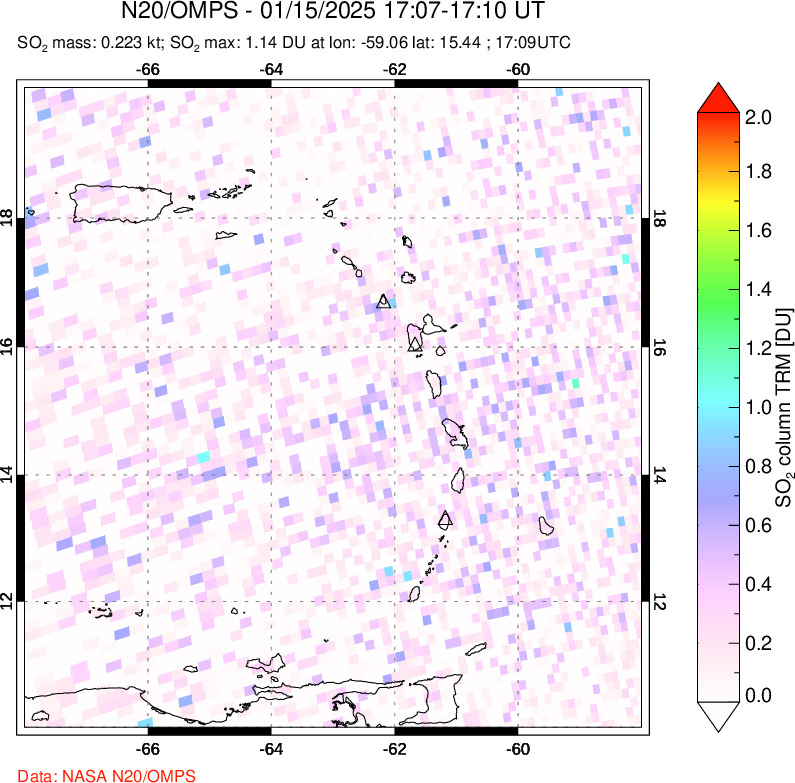 A sulfur dioxide image over Montserrat, West Indies on Jan 15, 2025.