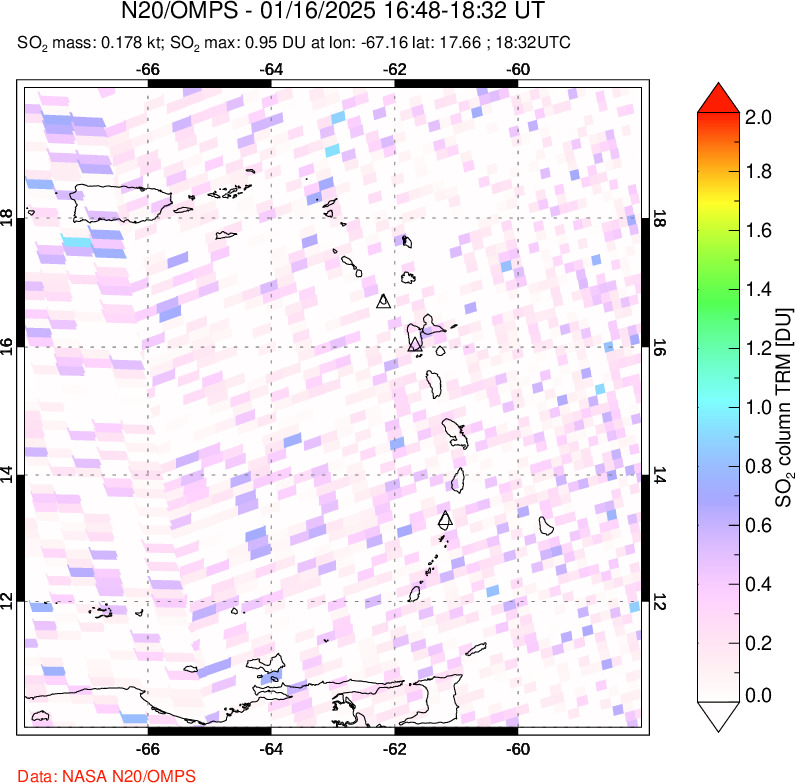 A sulfur dioxide image over Montserrat, West Indies on Jan 16, 2025.