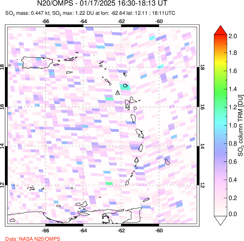 A sulfur dioxide image over Montserrat, West Indies on Jan 17, 2025.