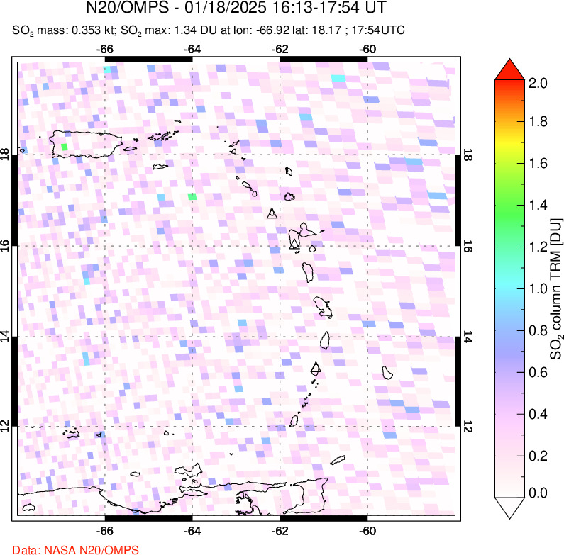 A sulfur dioxide image over Montserrat, West Indies on Jan 18, 2025.