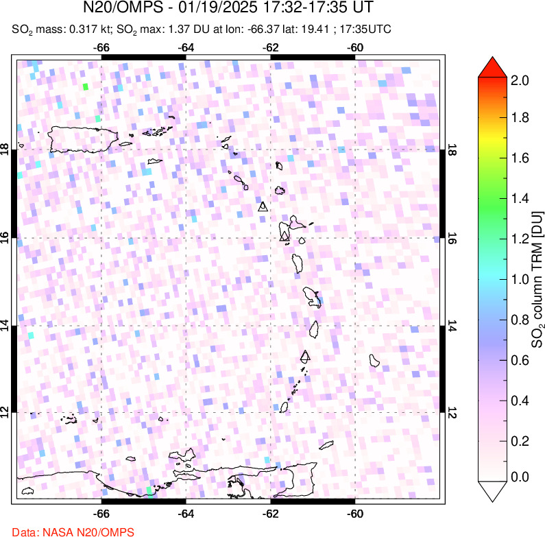 A sulfur dioxide image over Montserrat, West Indies on Jan 19, 2025.