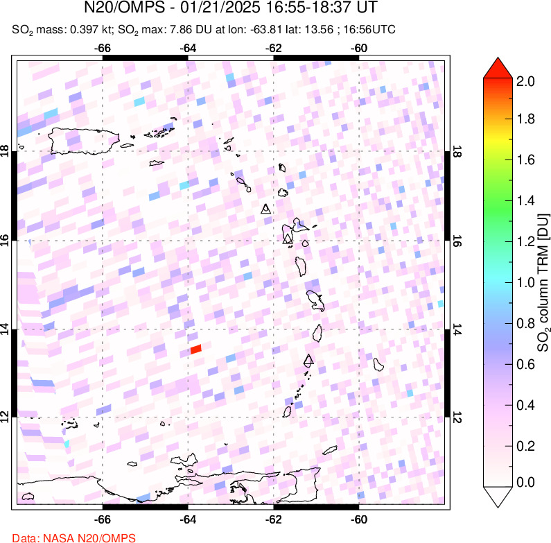 A sulfur dioxide image over Montserrat, West Indies on Jan 21, 2025.